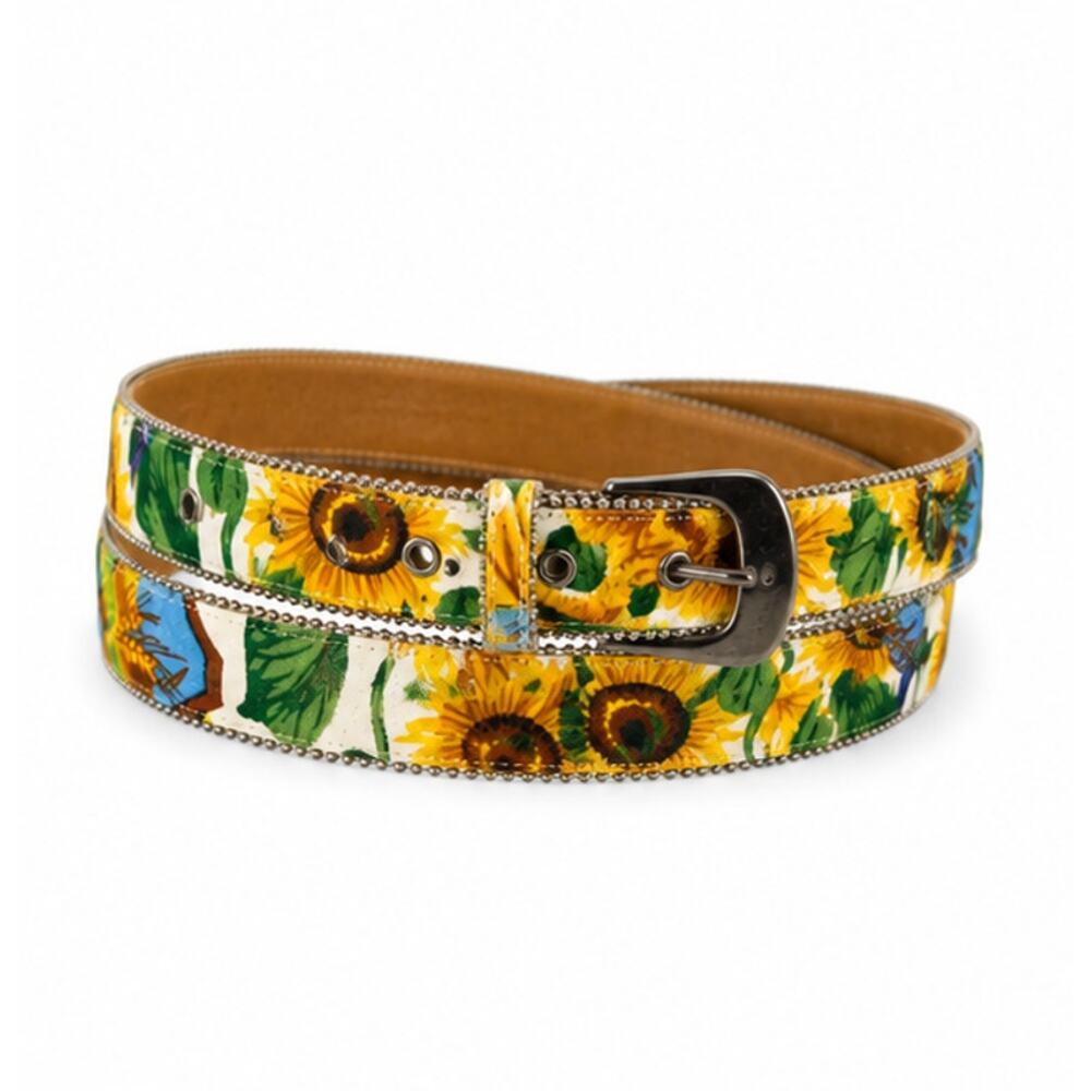 Motion East Vintage Sunflower Fabric & Leather Belt Beaded Details Size M/L
